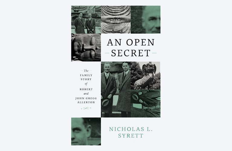 Image of book cover for "An Open Secret: The Family Story of Robert and John Gregg Allerton by Nicholas L Syrett" with images of statues and two men, tinted green